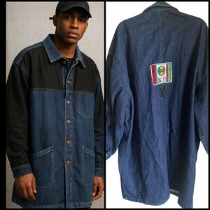Rare Vintage Cross Colours Dig It Long Denim Chore Jacket Streetwear HipHop 1/XL